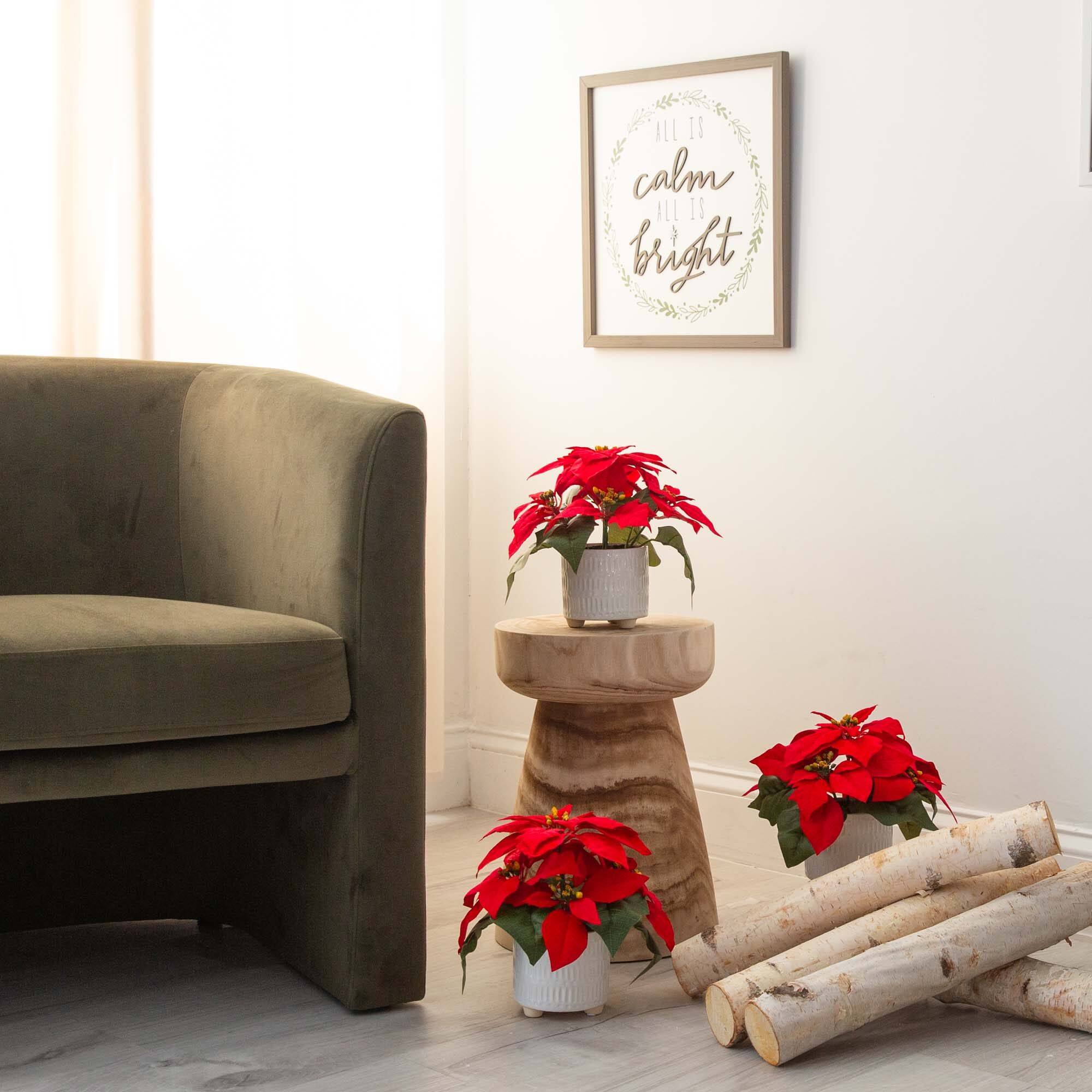 9" Artificial Poinsettia Arrangements in White Ceramic Pots, 3ct.